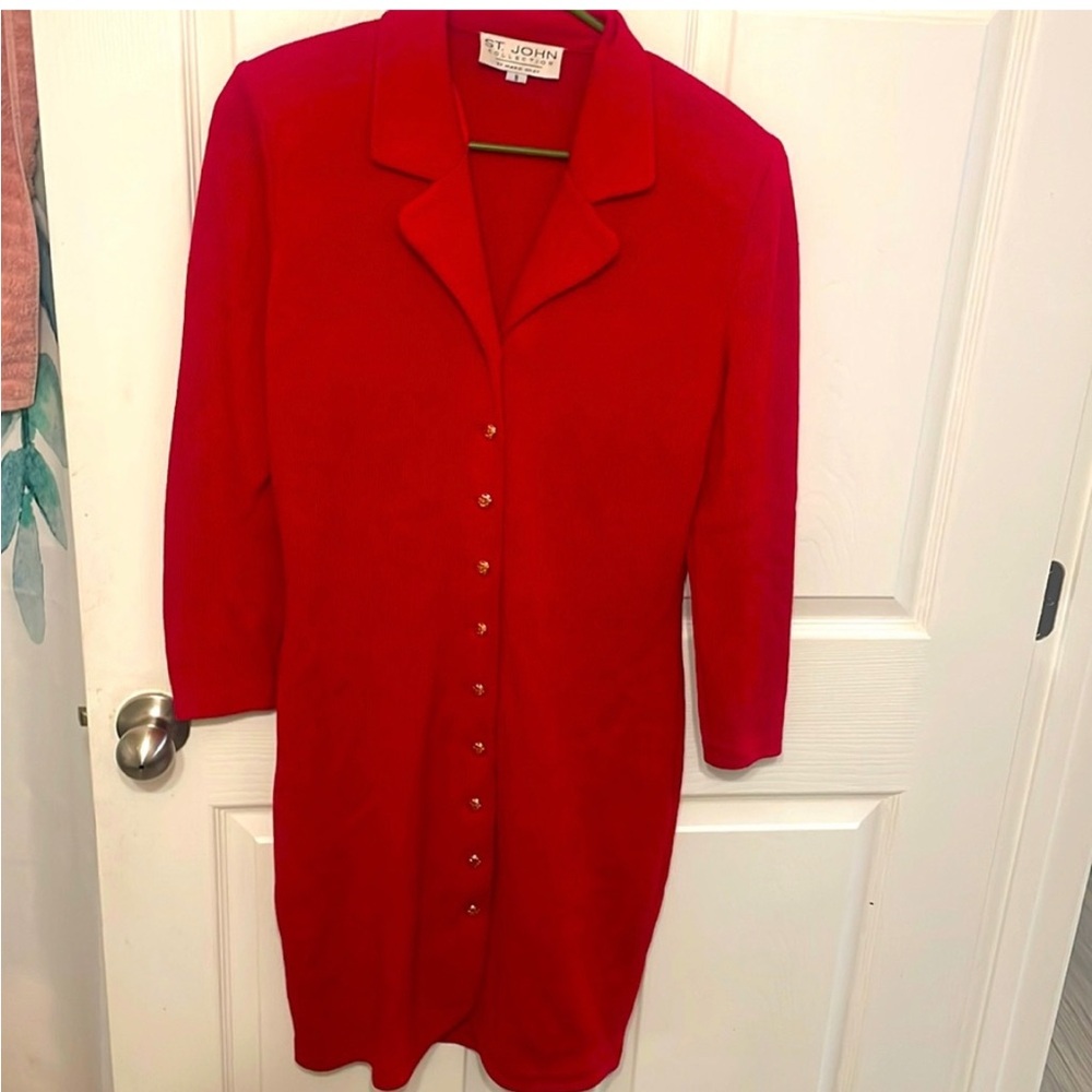 St. John Vintage Red Button-Up Collared Cardigan